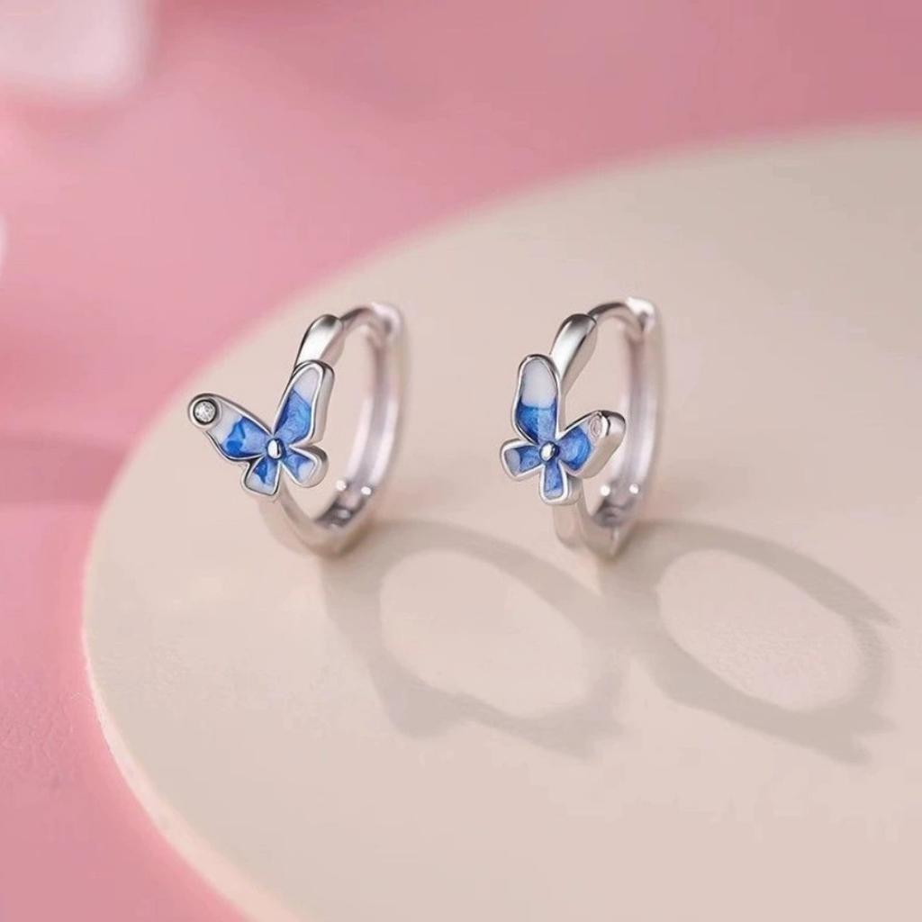 Crystal White Blue Enamel Butterfly Animal Hoop Earrings For Women Vintage Silver Color Wedding Jewelry