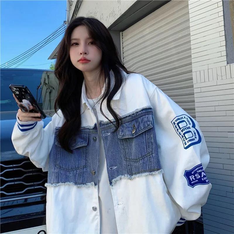 Amerikansk retro søm broderi denim baseball uniform jakke dame vår og høst løs koreansk stil