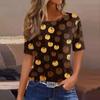 Women's Short Sleeve Halloween and Pumpkin Print T-Shirt, Casual Round Neck Pullover Top for Women