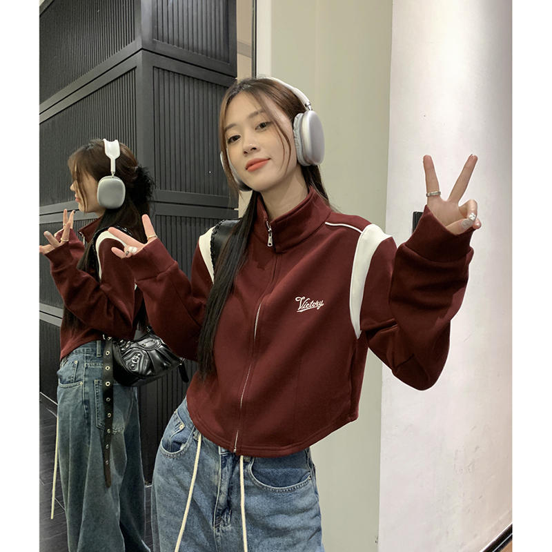 Women's Stand Collar Zip Up Jacket Cropped Long Sleeve Color Block Sweatshirt Outerwear