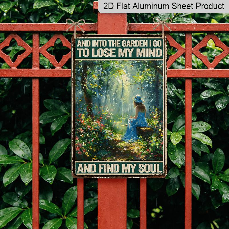 2D Flat, Vintage-Inspired Metal Wall Art - "Into The Garden I Go To Lose My Mind" Quote, 8x12 Inch, Rustic Forest Scene with Hanging Chair, Ideal for