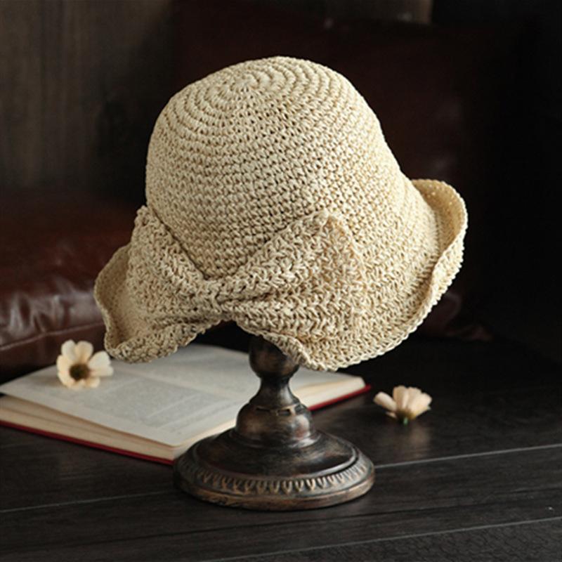 100% Raffia Bow Sun Hat Wide Brim Floppy Hats Women Beach Panama Straw Dome Bucket Hat