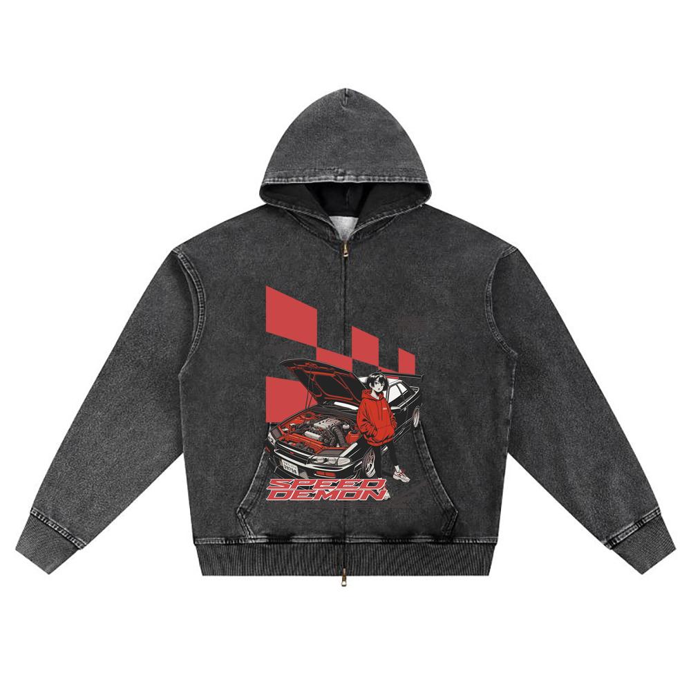 DTG print Knitted Denim Zip-Up Hoodie Racing Car Graphic Brother Print Zipper Hoodies  