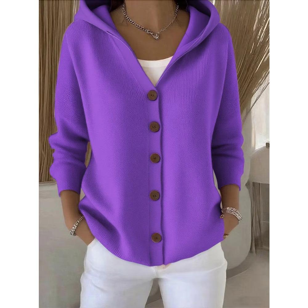 Solid Color Button Knit Hooded Sweater Cardigan Jacket For Autumn Winter New Casual Fashionable Women's Clothing Pulls Femmes