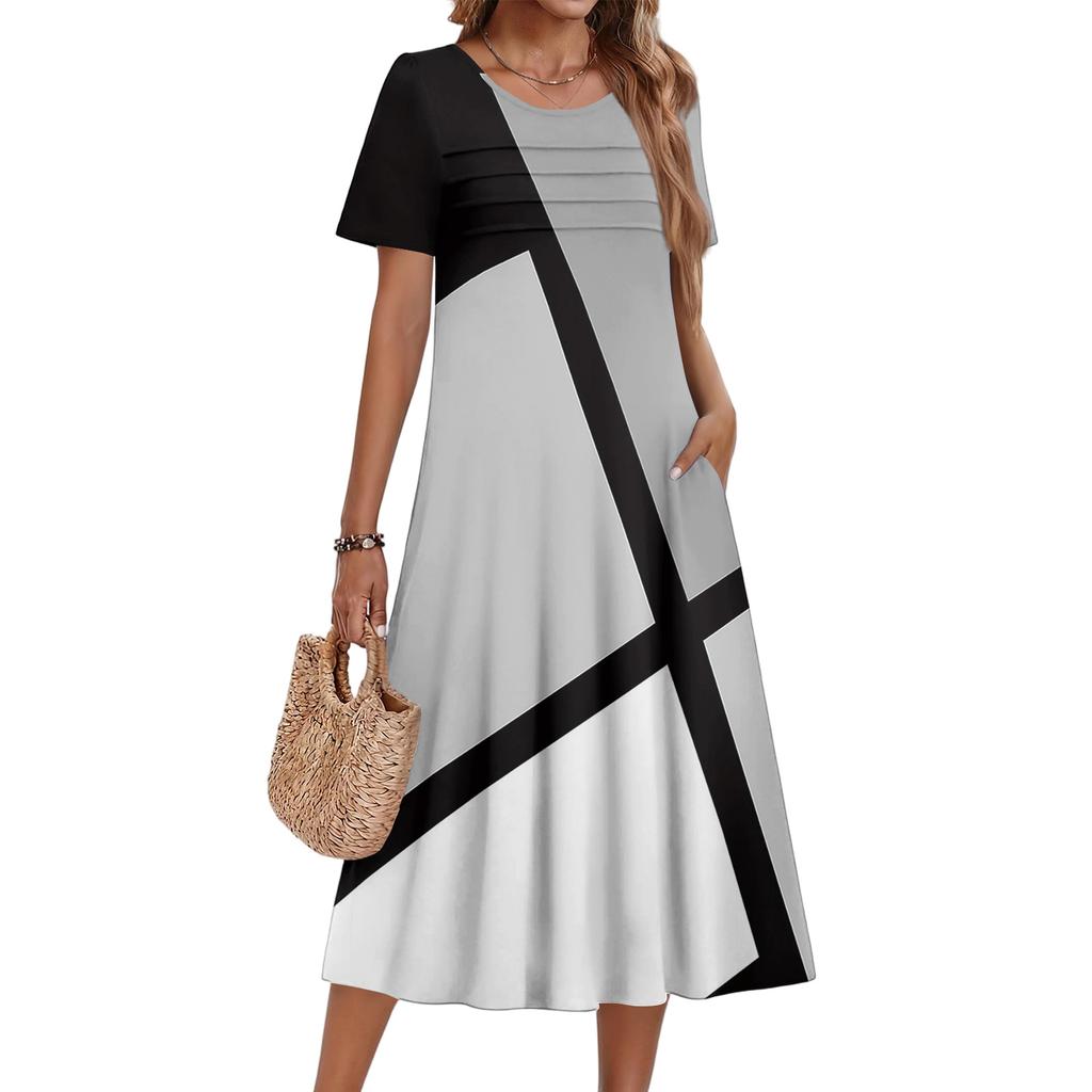 Damenkleid mit Blumenmuster, lässig und modisch, kurzärmelig, Rundhalsausschnitt