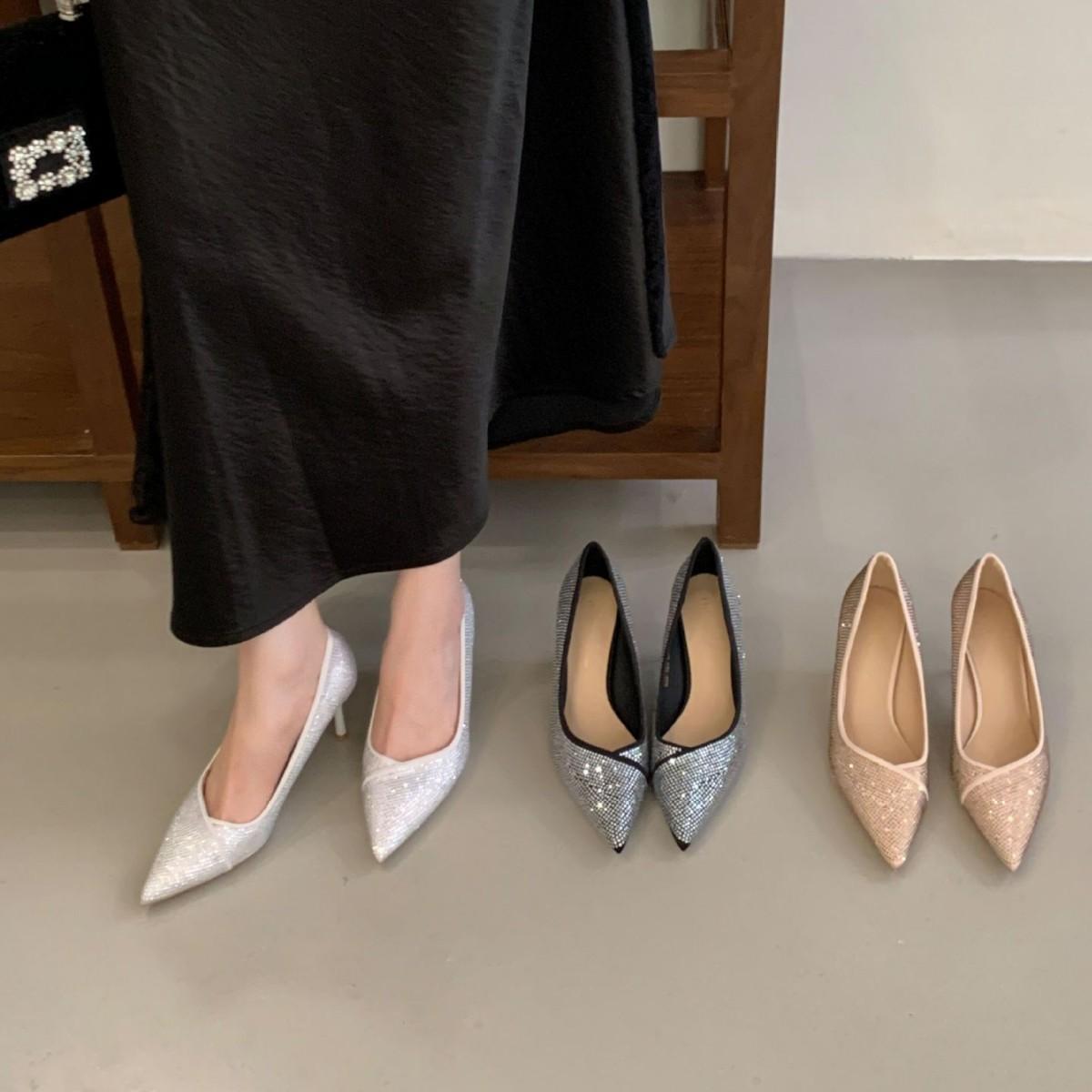 

2025 winter new thin high-heeled rhinestone satin light mouth versatile professional OL commuter work women s single shoes 39 шампанского