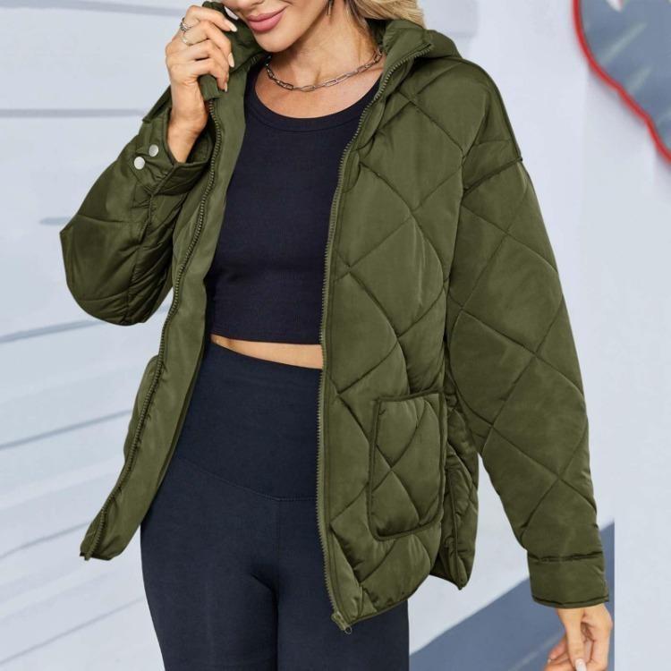 

Loose Cotton Zip Up Jacket Solid Color Women Hooded Fashion Large Pockets Long Sleeve Side Slit S