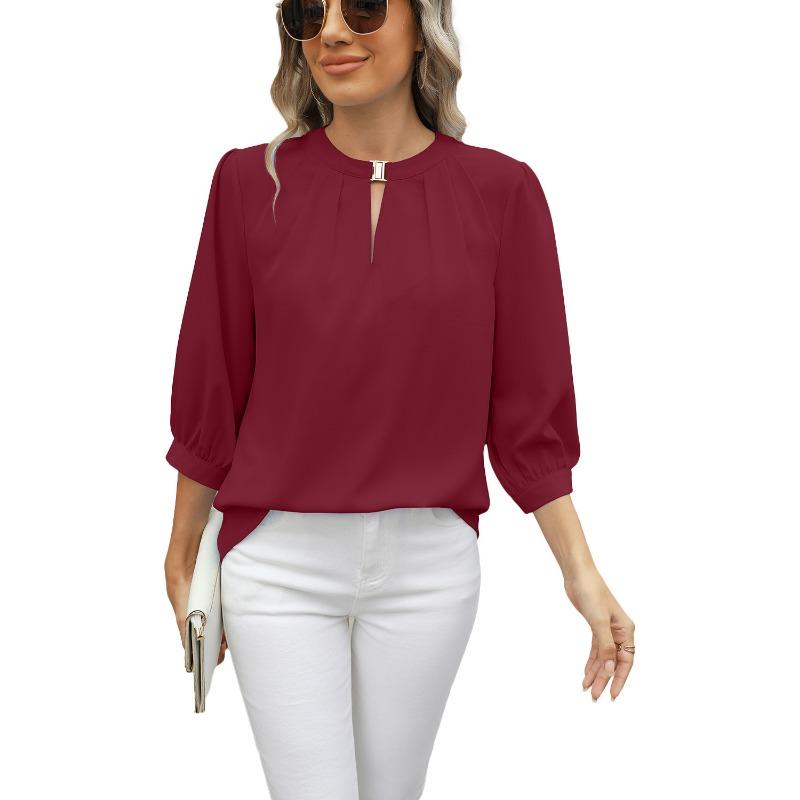 Women's Spring and Summer New Lock Hole V-neck Seven-minute Sleeve Loose Chiffon Shirt Tops