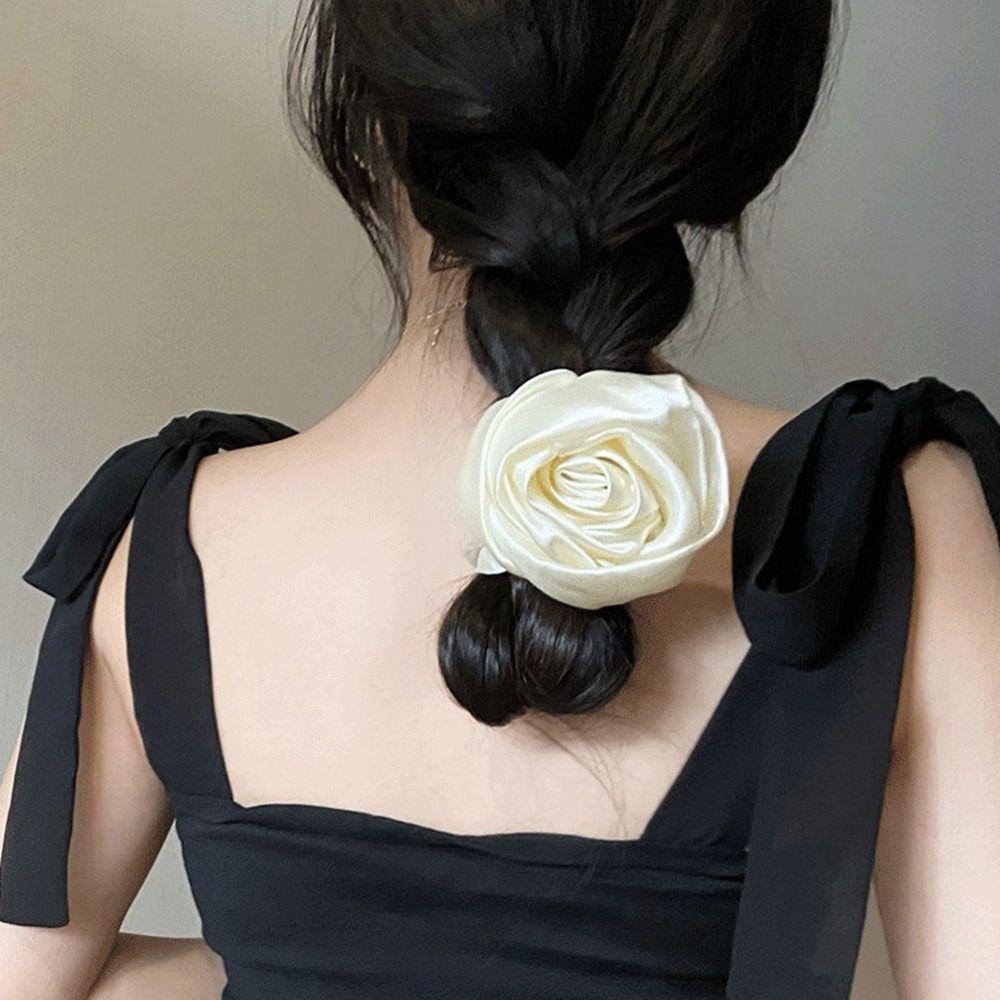 Women Girl Hair Accessories Satin Gloss Hair Scrunchie Rose Hair Rope Hair Bands Flower Hair Ring
