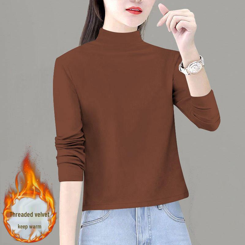 2025 Women's Thickened Double-Sided Velvet Long-Sleeve Semi-High Neck Slim-Fit Top for Autumn/Winter