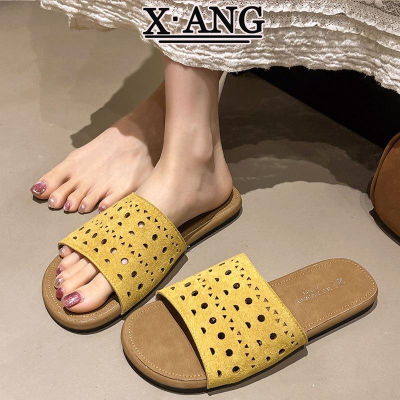 

Cowhide version soft-soled women s slippers can be worn outside in summer with skirts hollow holes women s shoes flat-soled beach cool slippers 35