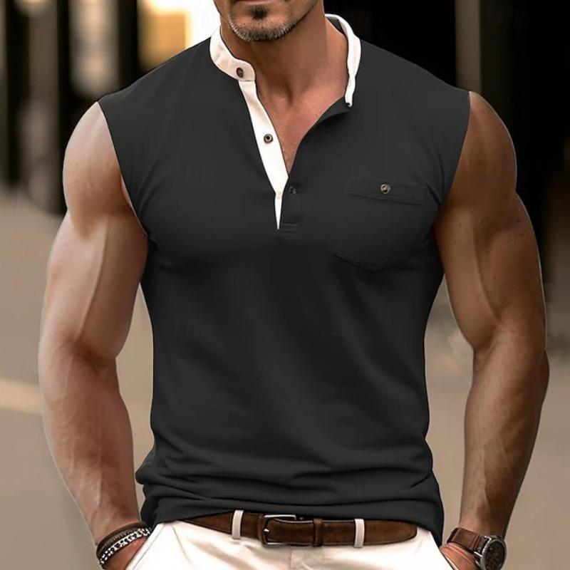 Men Contrast Collar Sleeveless Henley Polo Shirt with Chest Pocket Casual Muscle Top