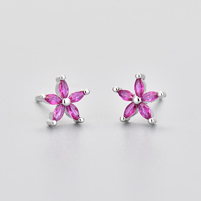 Colorful Zircon Flower Cat's Eye Earrings - Five-Petal Design with Rhinestones for Girls