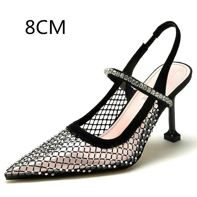 2025 Hollowed-Out Rhinestone High Heels Female Pointy Transparent After Empty Bun Sandals Thin Heel Shoes Female