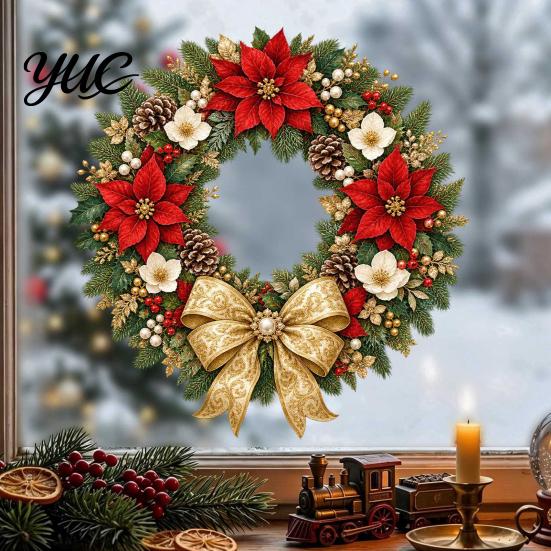 Creative Holiday Gifts Christmas Wreath Window Decals, Removable Stickers with Pine Cone Decorative PVC Wall Bow Berry Poinsettia, Waterproof