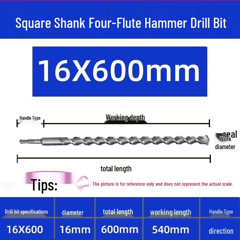 Extended Electric Hammer Drill Bit, Square & Round Shank, for Concrete Piercing - Available in 500mm to 2m Lengths