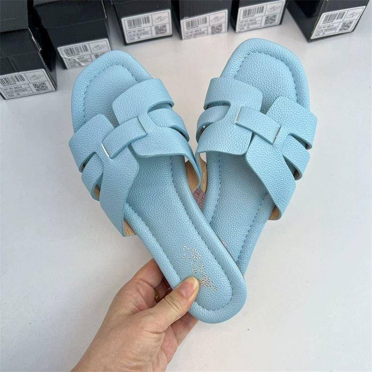 

One-pedal fashion sandals spring new square head dopamine slippers home flat slippers 43