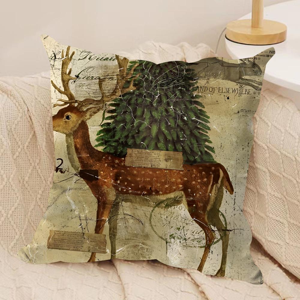 Retro Animal Christmas Cushion Cover Silky Short Plush Invisible Zipper Dustproof Sofa Pillow Case For Home Decor
