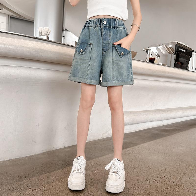 Faded Slightly Stretchy Loose-Fitting, Fashionable Girls' Denim Shorts with Faux Flap Pockets