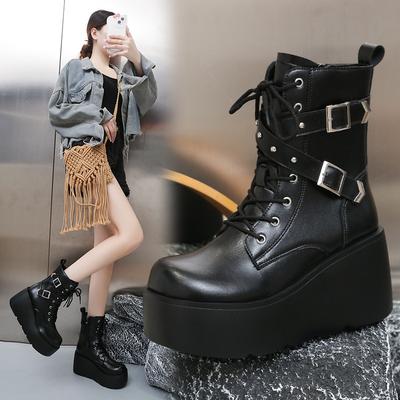 Large Size Punk Style Handsome Platform Short Women's Boots Slope Heel Knight Boots Women