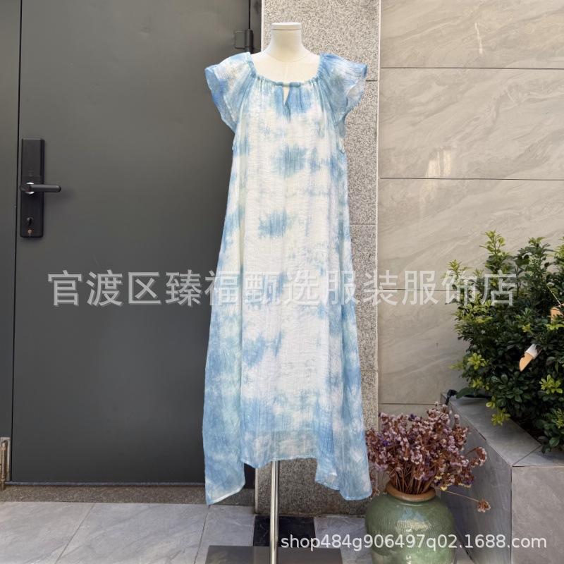 

Indigo Hand-Dyed Flying Sleeves Long Dress – Cultural Travel Fairy-Style Women s Attire One Size