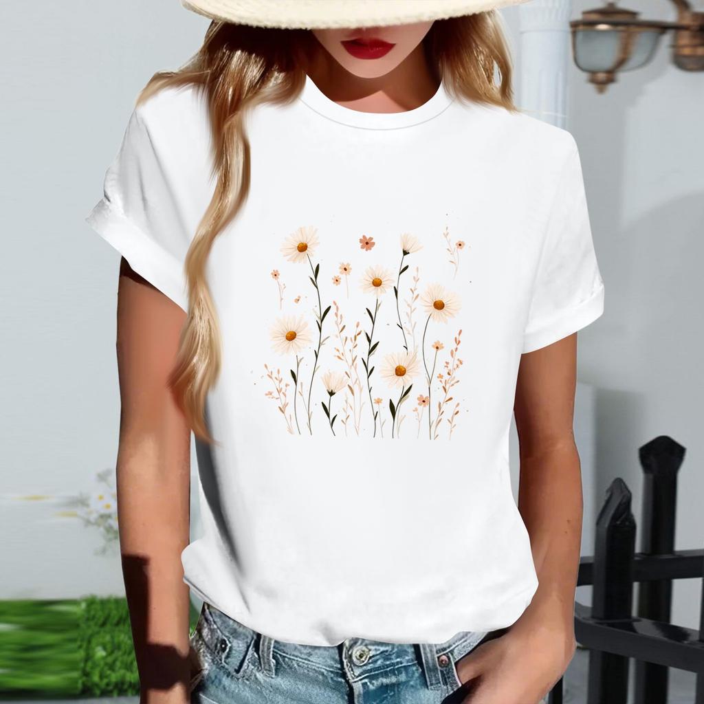 Damski modny T-shirt z krótkim rękawem z okrągłym dekoltem i casualowym nadrukiem retro