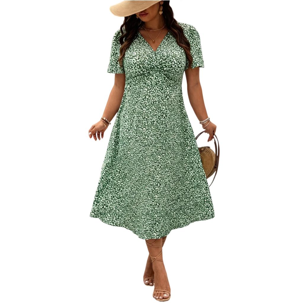 Women's Plus Size Casual Loose Fit V Neck Short Sleeve Floral Print Long Length Full Skirt Dress