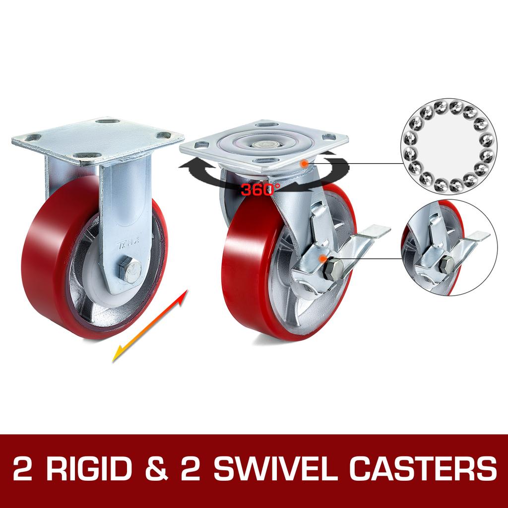 SucceBuy 4 Pack 6" X 2" Heavy Duty Iron Core Polyurethane 2 Rigid and 2 Swivel Casters Side Brake 1000LBS Capacity Per Wheel