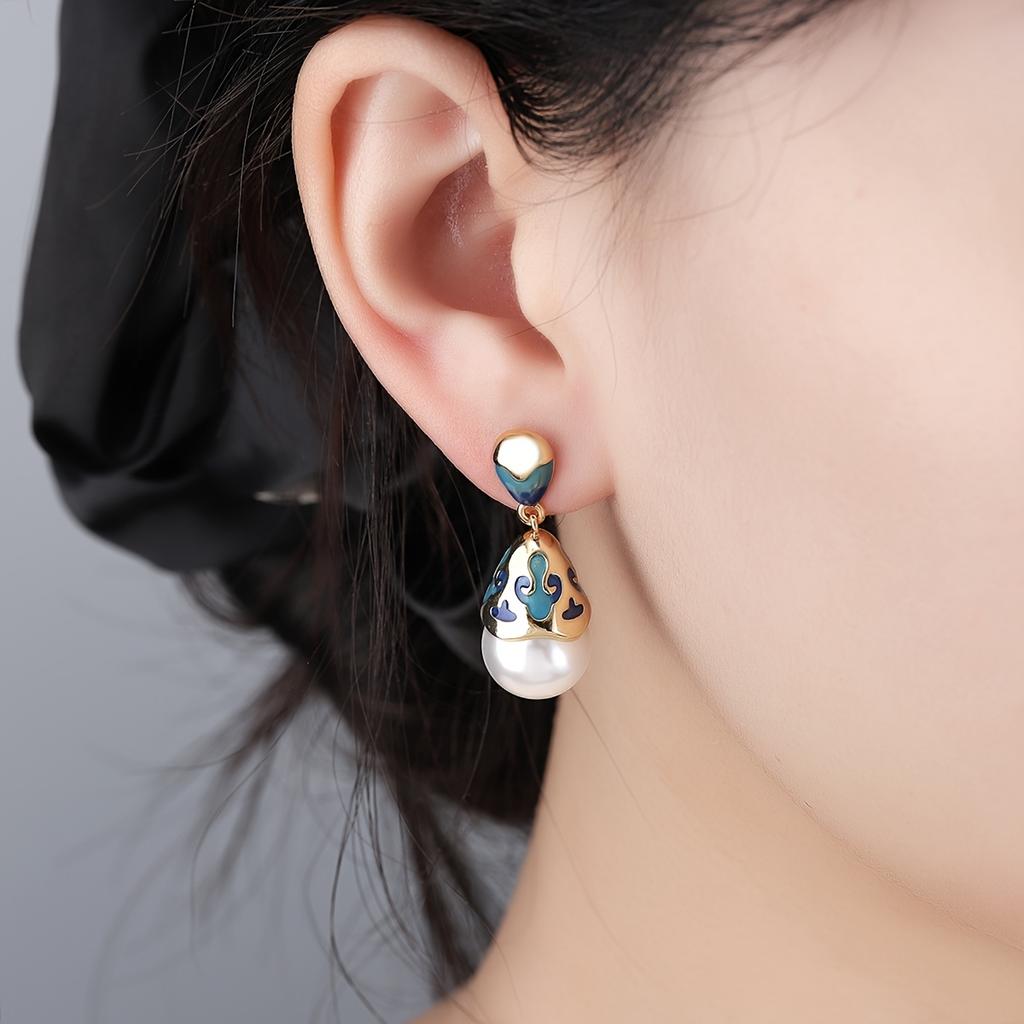 1 Pair Vintage Elegant Women's Enamel Earrings - Turquoise Blue & Golden Antique Imitation -like Drop Dangle Earrings with Ornate Chinese/-Inspired Mo