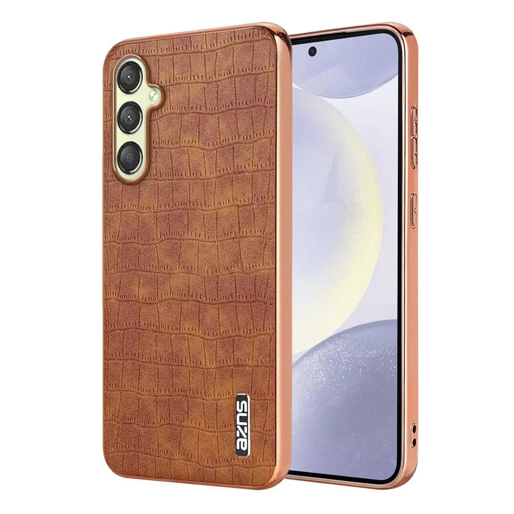 

Кожаный чехол с гальваническим бампером, полная противоударная накладка для Samsung A15 A35 A55 A14 A34 A54 A05S, чехол из ПУ кожи+ТПУ For A55 5G коричневый