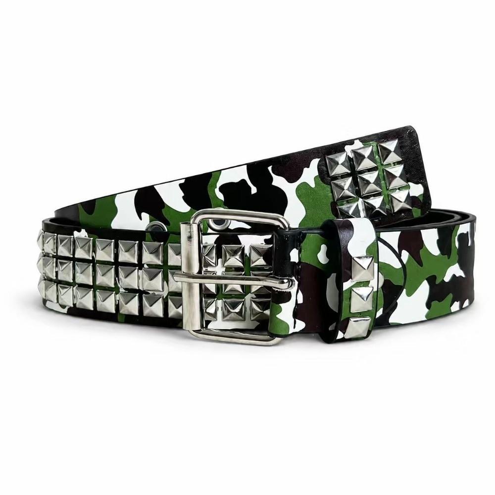 Metal Alloy Buckle Studded PU Belt Camo Print Punk Street Belt Hip Hop Waist Belt  Street Outfit