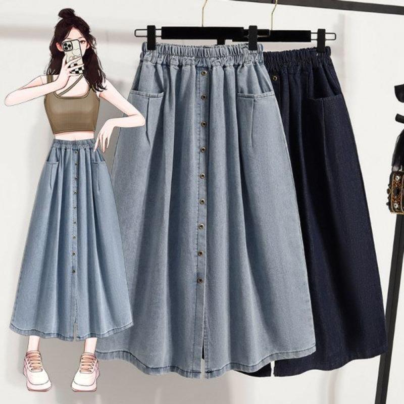 Summer 2025 New Plus Size Elastic Waist Slimming Women's Skirt Split A-line Retro Denim Skirt Mid Length