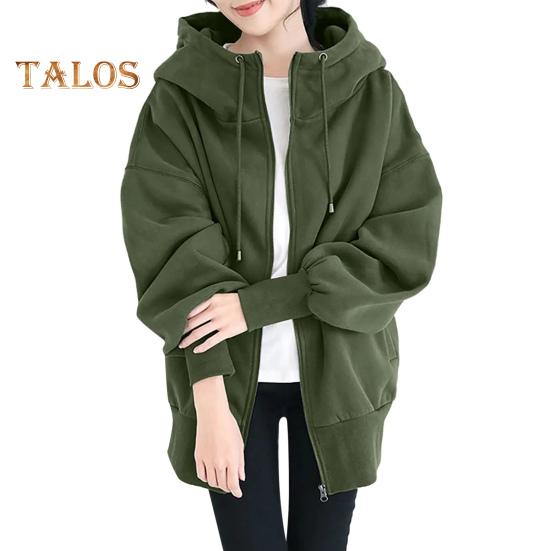 Women Thick Coat for Autumn Winter Warmth Solid Color Mid Length Fleece Jacket with Pockets Loose Zipper Hooded Coat for Daily Wear