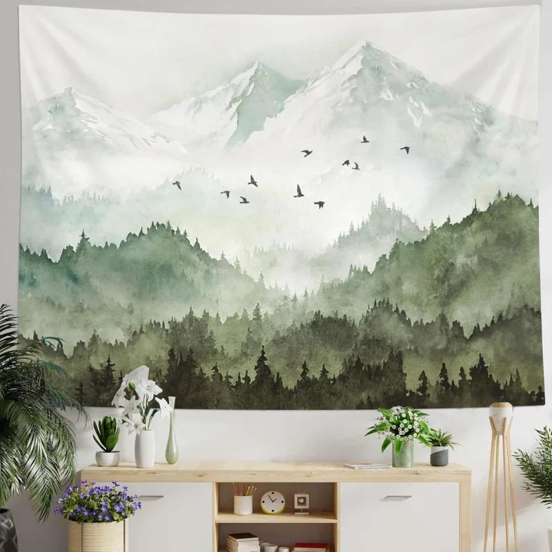 Watercolor Mountain Forest Tapestry Green Nature Landscape Wall Hanging Aesthetic Decor for Bedroom Living Room 100X70CM
