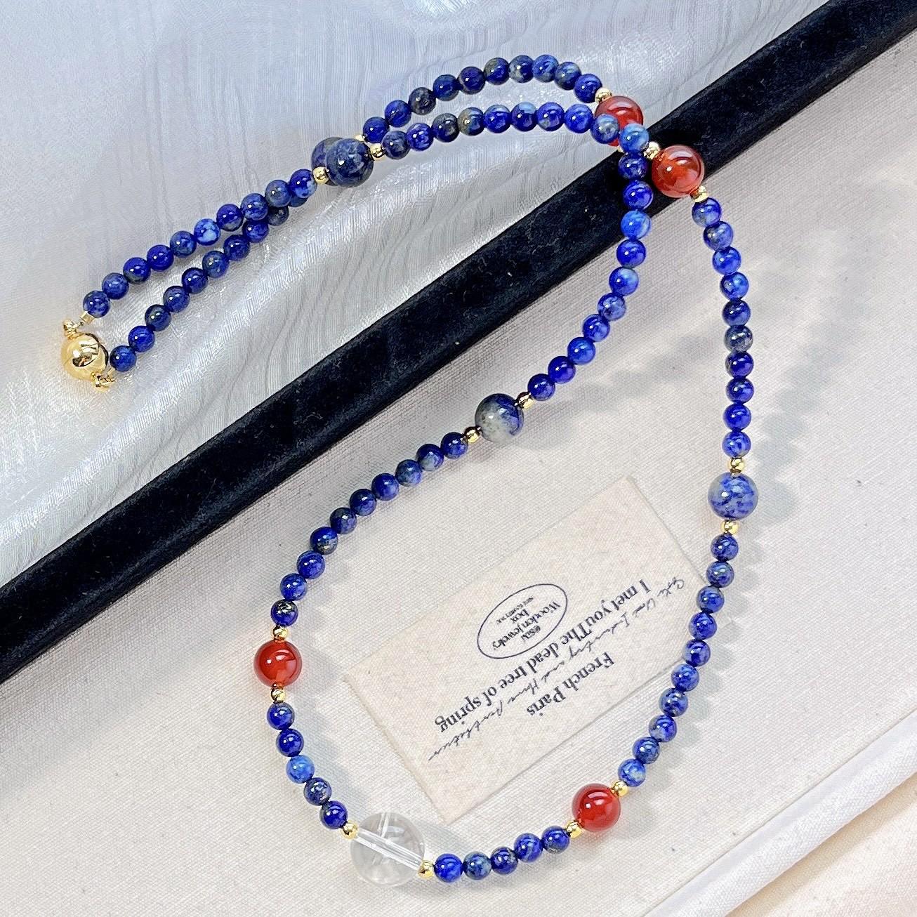 Natural High-Quality Lapis Lazuli Chalcedony White Crystal Sweater Chain Necklace