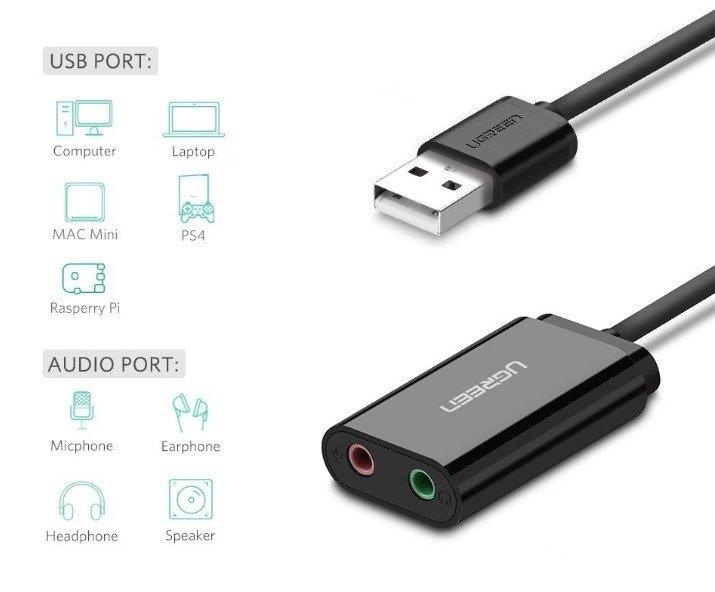 Zewnętrzna Karta Dźwiękowa Usb Ugreen   Us205 15Cm (Czarny)