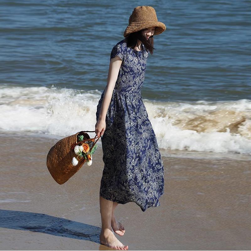 Καλοκαίρι νέο λογοτεχνικό και φαρδύ βαμβακερό και λινό εμπριμέ φόρεμα με στρογγυλή λαιμόκοψη και κοντά μανίκια γυναικείο ρούχο μεσαίο και μακρύ #