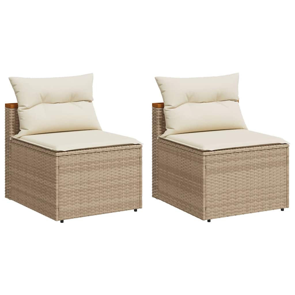 Garden Sofas without Armrests with Cushions 2 pcs Beige Poly Rattan