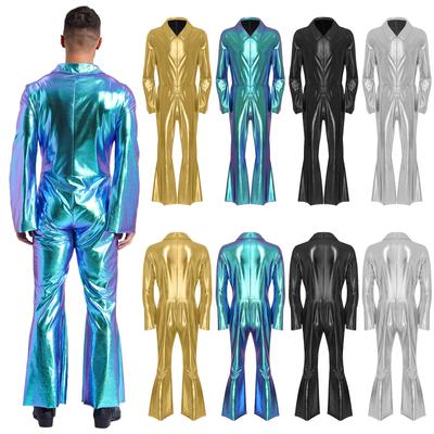 Tuta da uomo in stile discoteca anni '70, metallizzata e lucida, con risvolto, maniche a svasatura, cerniera frontale, pantaloni a gamba larga, tuta intera per rave vintage di Halloween