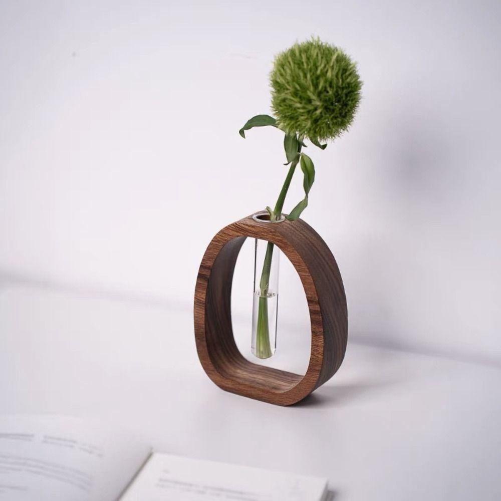 Test Tube Shape Solid Wood Flower Vase Clear Wooden Stand Hydroponic Flower Vessel Vase Ornaments Glass Vase