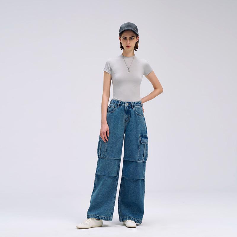 SELINE Shi Lin American Style Multi-Pocket Loose Denim Wide-Leg Casual Pants Size 27