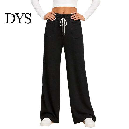 Lounge Wear Pants Women Wide Leg Pants, Drawstring Waist Loose Casual Adjustable Trousers Trousers, Solid Color Palazzo with Pockets