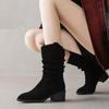 Krazing Pot Cow Suede Nubuck Winter Round Toe Modern Boots Med Heels Slip On Pleated Decoration Women Mid-calf Boots