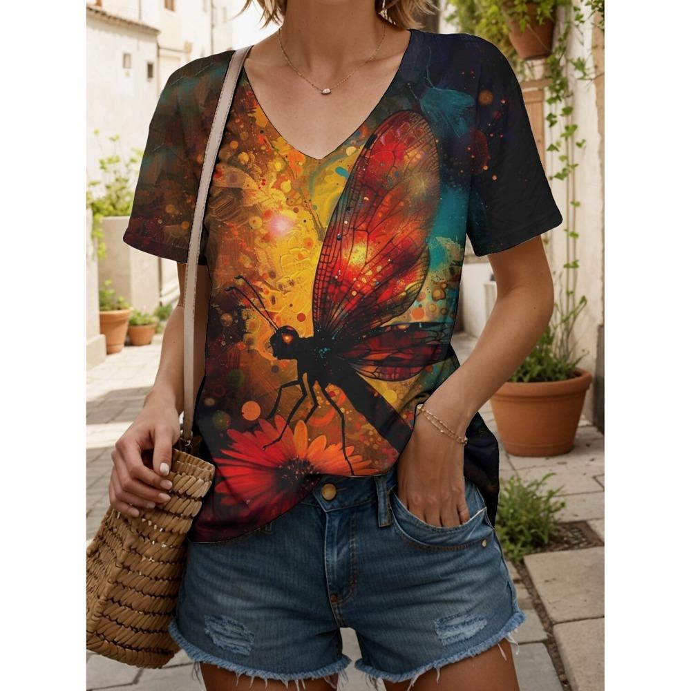 Women's T Shirt Graphic Animal Dragonfly Vintage Stylish Classic Short Sleeve V Neck Regular Tops Daily Going out Weekend Print