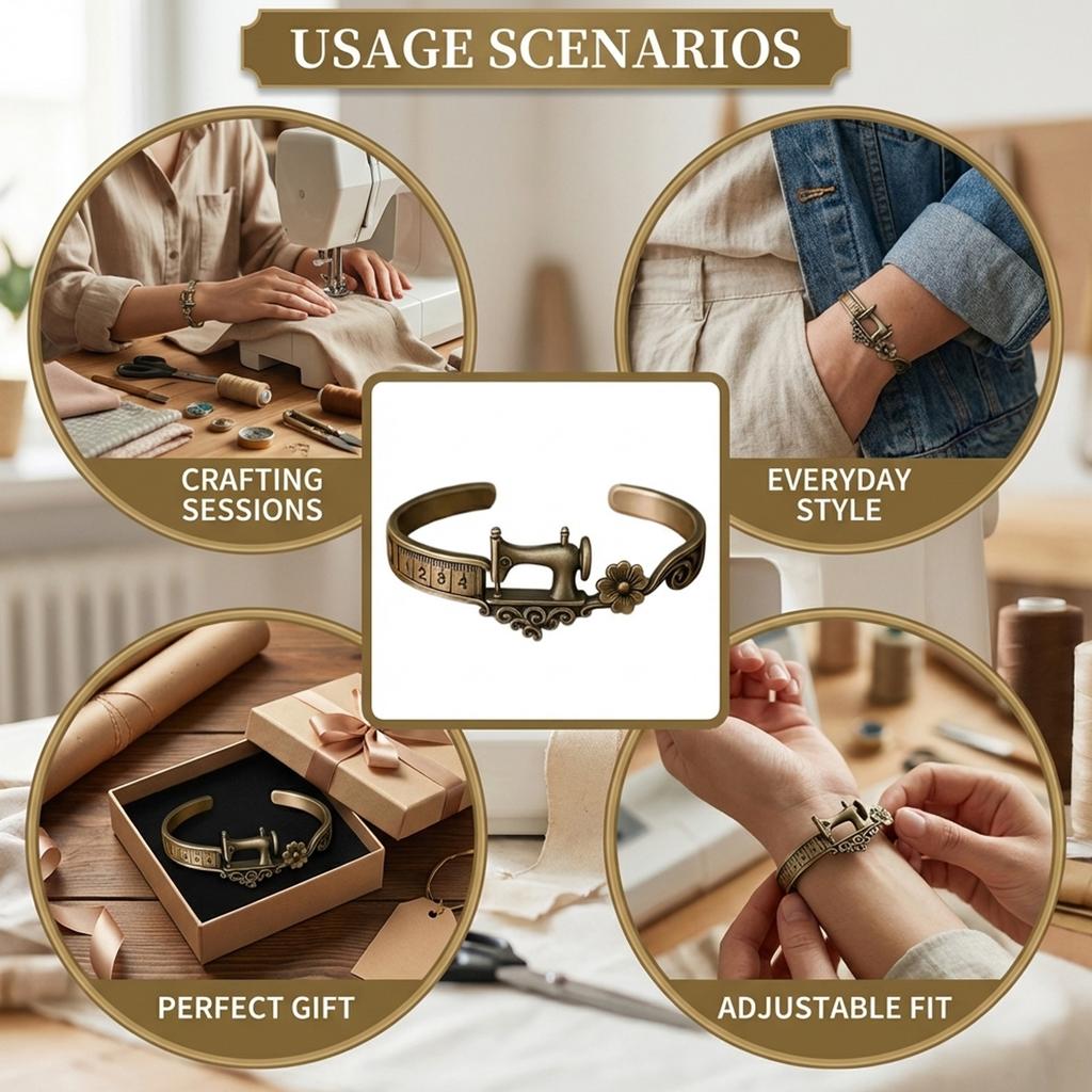 Sewing Machine Theme Bracelet For Craft Lovers Adjustable Vintage Design With Measuring Scale