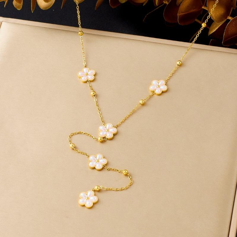 Gold Plated Stainless Steel Pink Flower Lariat Necklace for Women