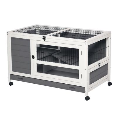 Indoor Rabbit Hutch Guinea Pig House Wooden Elevated Pet Bunny Cage with Wheels Openable Roof 102 X 60 X 63.5cm Grey