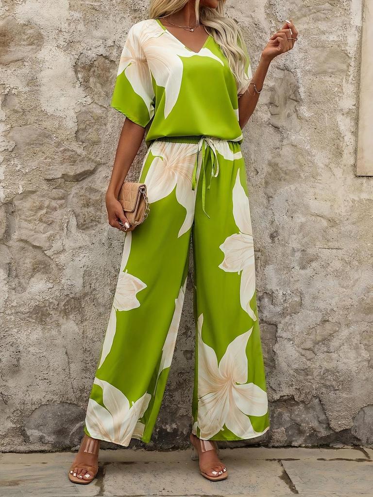 2026 Summer V-Neck Batwing Sleeve Printed Long Pants Fashion Two-Piece Set