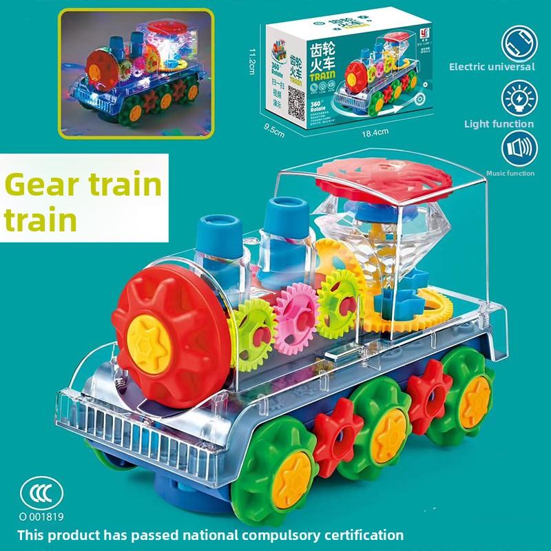 

Прозрачная игрушка в форме поезда с зубчатым механизмом, стоячим вращением, подсветкой, музыкой и всенаправленным движением
