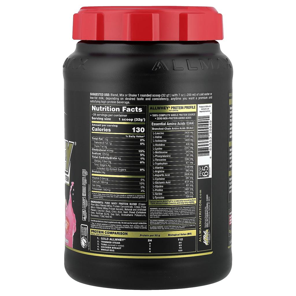 Allwhey Gold, 100% Premium Whey Protein, Strawberry Flavor, 907G (2Lbs)